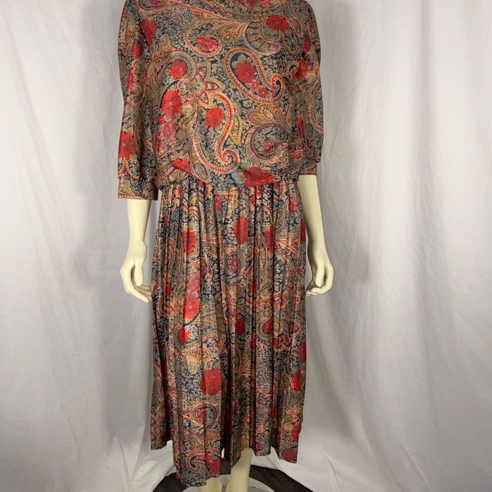 Vintage KR of NY Dress Size 13/14 | Made in USA | 80s Paisley Floral Boho Midi D
